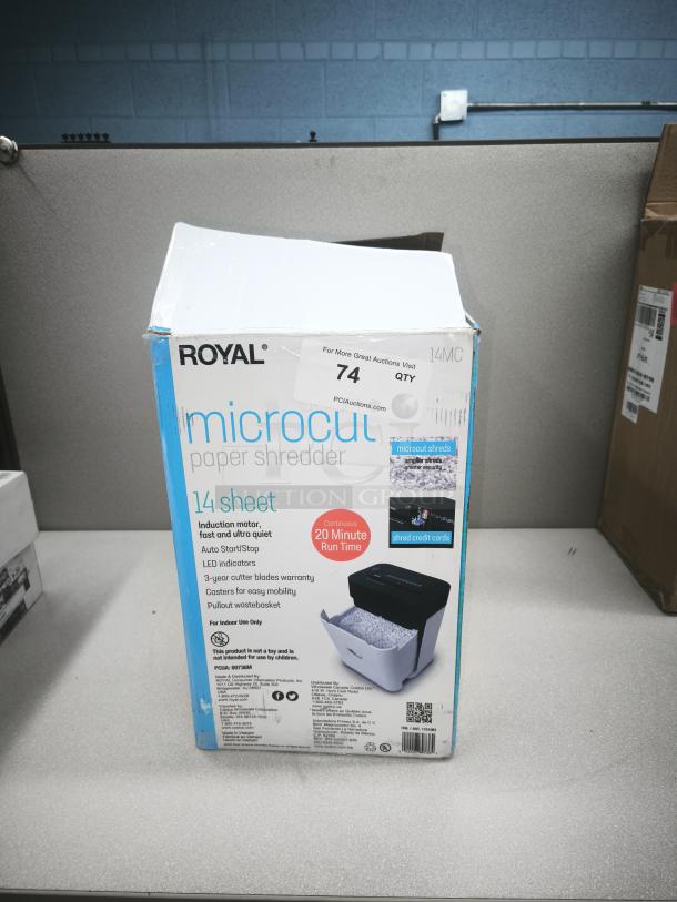 Brand new Royal 14MC micro cut paper shredder, 14-sheet capacity, features induction motor, auto start/stop, LED indicators.