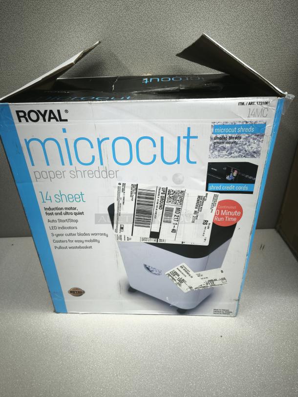 Brand new Royal 14MC Micro Cut Paper Shredder, 14-sheet capacity, auto start/stop, LED indicators, caster wheels, pullout bin.