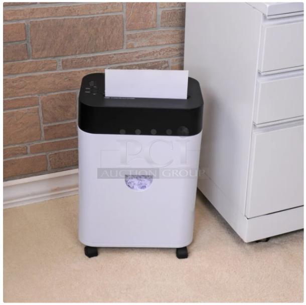 Brand new Royal 14MC 14-sheet micro cut paper shredder, black and white design, on casters, visible shredder window.