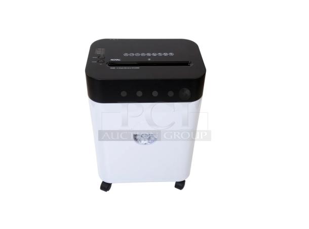 Brand new Royal 14-Sheet Micro Cut Paper Shredder, model 14MC, black and white, on casters, with clear shredding window.