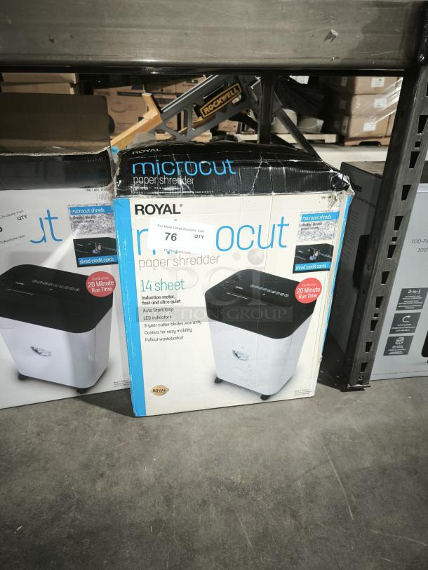 Brand new Royal 14MC shredder, 14-sheet micro cut, auto start/stop, LED indicators, 20-minute runtime, box slightly worn.