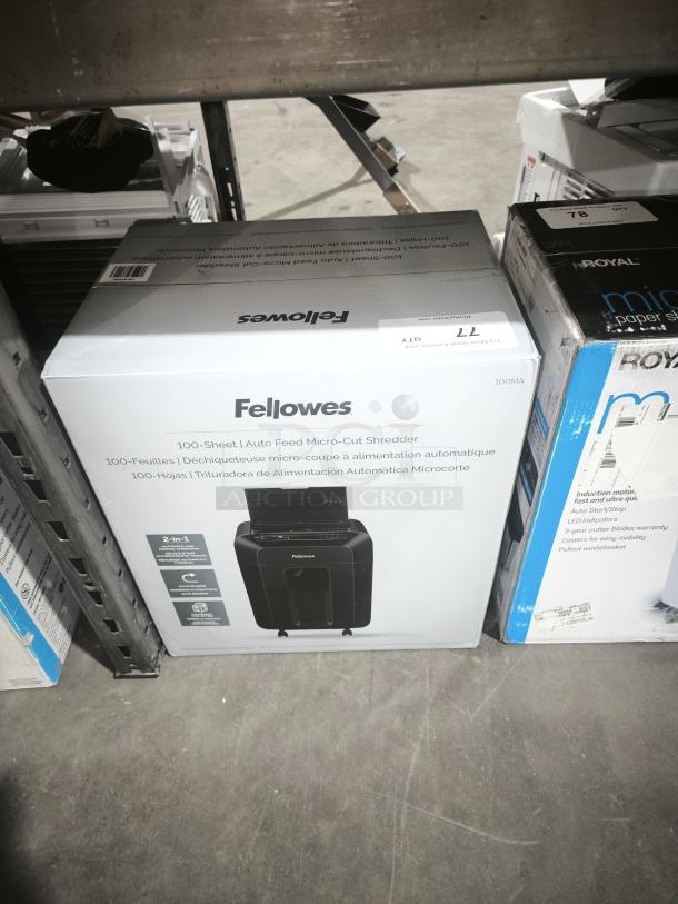Brand new Fellowes AutoMax 100MA 100-sheet micro-cut autofeed paper shredder in box, ideal for office use.