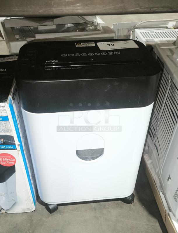 Brand new Royal 14MC micro cut paper shredder, 14-sheet capacity, black and white design, on wheels, visible control panel.
