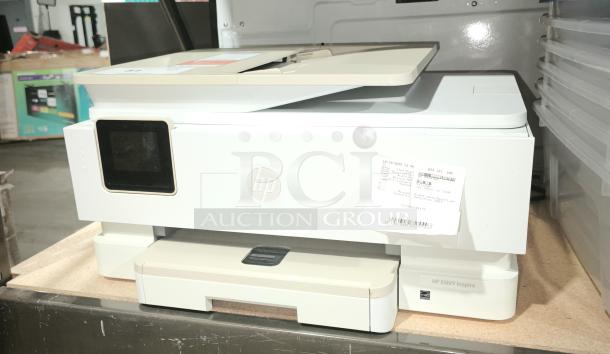 Brand new HP Envy Inspire 7955e wireless color inkjet printer on shelf; features print, scan, copy, mobile printing.
