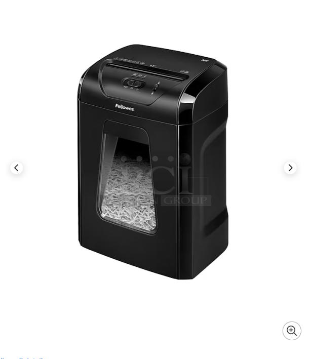 Fellowes Powershred 1200C cross-cut shredder, brand new, black finish, clear window, and control panel visible.