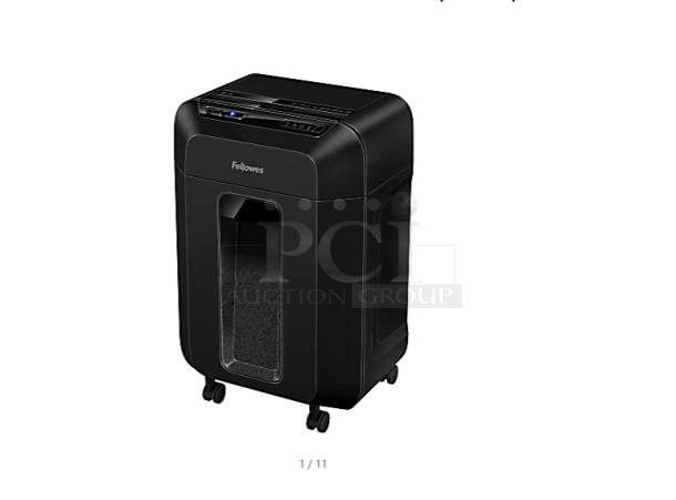 "Brand new Fellowes AutoMax 100MA, 100-sheet micro-cut autofeed shredder, black, ideal for office use, on casters."