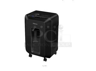 "Brand new Fellowes AutoMax 100MA, 100-sheet micro-cut autofeed shredder, black, ideal for office use, on casters."