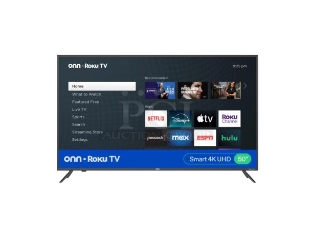 ONN 50" 4K UHD LED Roku Smart TV, Model 100012585, new with HDR, streaming apps shown on screen.