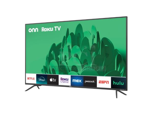 ONN 50” 4K UHD LED Roku Smart TV with HDR, model 100012585. New condition with streaming apps displayed.