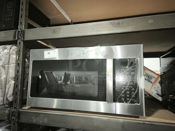 Brand new GE 1.7 cu ft over-the-range sensor microwave, model JVM6175SK6SS, in scratch and dent condition, on warehouse shelf.