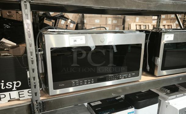 BRAND NEW SCRATCH AND DENT - GE Profile 2.1 cu ft Over-the-Range Sensor Microwave Model PVM9005SJ8SS, stainless steel finish, with visible label, minor dents.