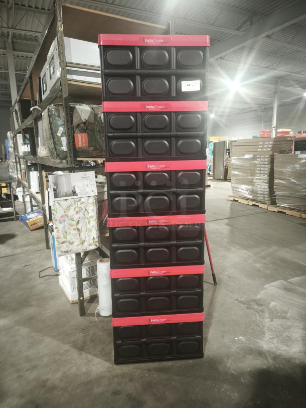Brand new Greenmade InstaCrate Collapsible Storage Container, 12-Gal, model 1959031, black with red trim, stacked display.
