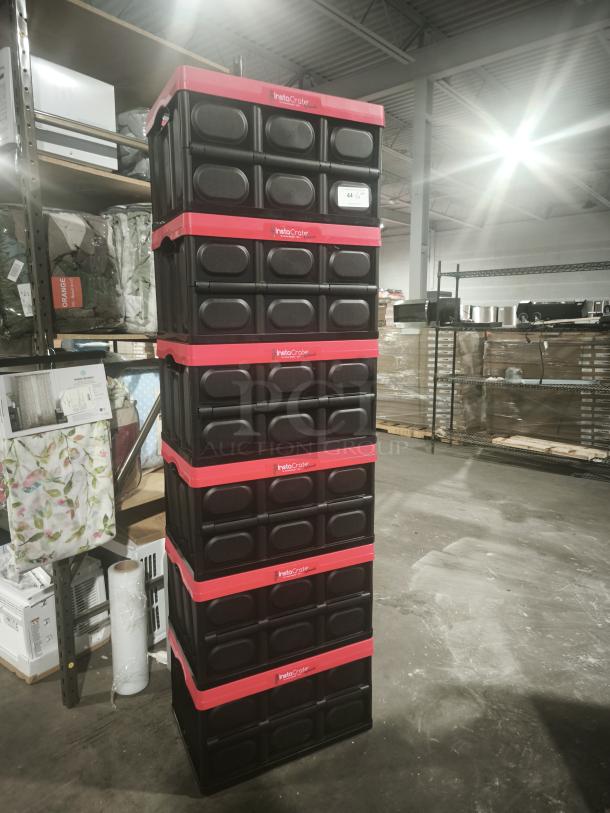 Brand new Greenmade InstaCrate 12-Gal collapsible storage containers stacked, model 1959031, black with red accents.