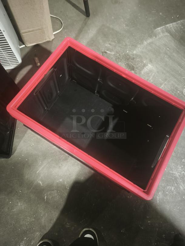 Brand new Greenmade InstaCrate collapsible storage container, 12-gallon, model 1959031, red and black, open condition.