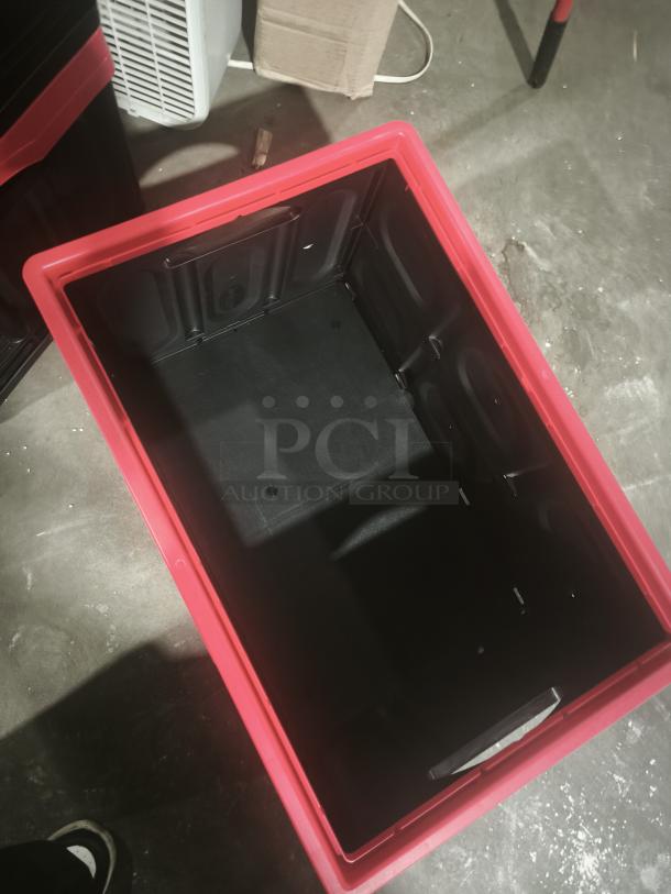 Brand new InstaCrate collapsible storage container, 12-gallon, model 1959031, red and black design.