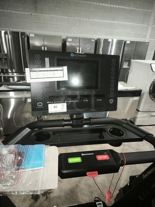 Brand new Echelon Fitness Stride-4S treadmill, model FF-T600 by French Fitness. Features digital display, start/stop buttons, and safety key.