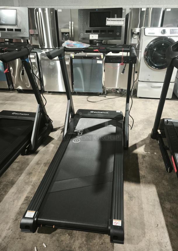 Echelon Fitness Stride-4S treadmill, brand new, French Fitness FF-T600, in showroom, black design, safety warnings visible.