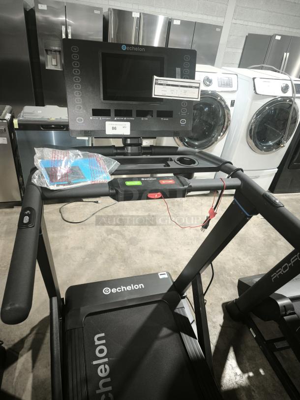 Brand new Echelon Fitness Stride-4S treadmill, French Fitness FF-T600 model. Features console, tags, and pristine condition.