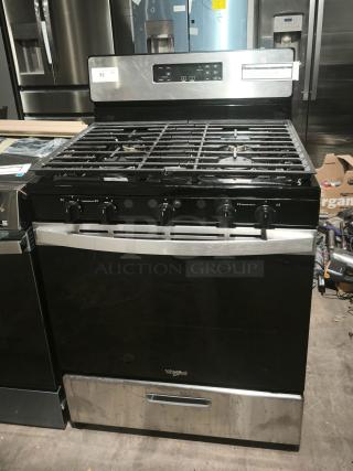 Whirlpool 30-in gas range, model WFG505M0MS, like new condition, 5 burners, stainless steel finish, freestanding design.