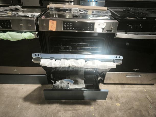 BRAND NEW GE 30" Slide-In Electric Convection Range, model GRS600AVFS, stainless steel, with no preheat air fry feature.