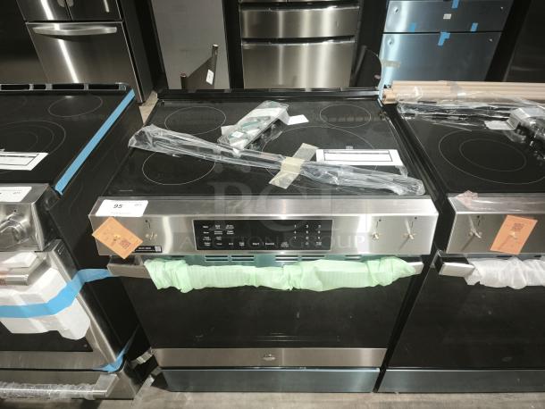 BRAND NEW GE 30" Slide-In Electric Convection Range GRS600AVFS, stainless steel, no preheat air fry feature, protective packaging.