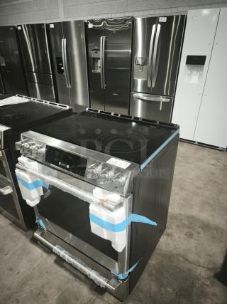 New GE Café 30″ Smart Slide-In Range, Model CES700P2MS1, radiant and convection, protective packaging, front control panel.