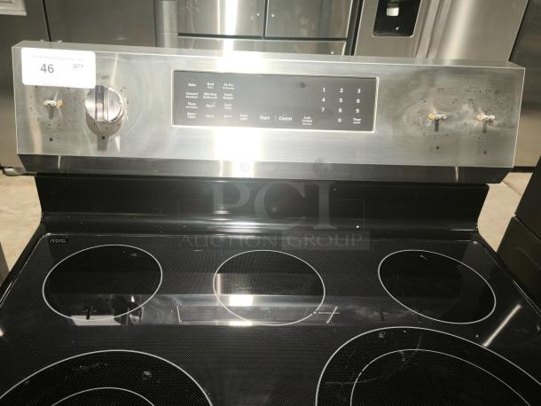 BRAND NEW SCRATCH AND DENT GE® 30" Electric Convection Range, Model GRF600AVSS, with Smart/WiFi, minor dents visible.