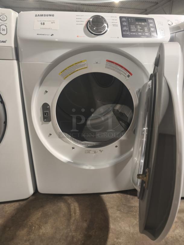 Samsung 7.5 cu ft stackable electric dryer, model DV42H5000EW/A3, tested and working. Features moisture sensor and various settings.