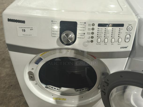Samsung 7.3 cu ft Electric Steam Dryer, Model DV407AEW/XAA, tested and working. Features steam cycles and sensor dry.