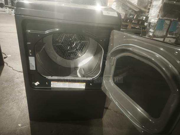 GE Profile Smart Electric Dryer, 7.4 cu. ft., front-load, with Steam & Sanitize Cycle, Sensor Dry, Model PTD70EBPT1DG, open door.