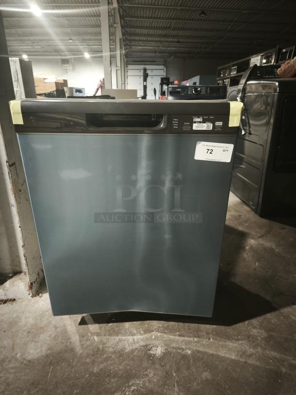 NEW GE ENERGY STAR® Dishwasher, model GDF535PSRSS, with front controls. New condition, auction sticker visible.