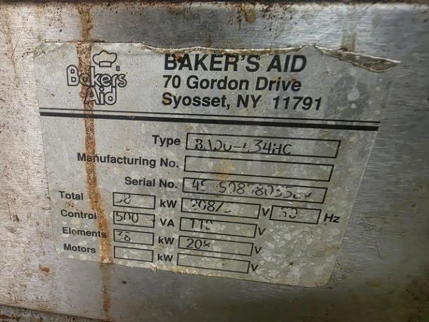 Bakers Aid Ultra Deck Oven, model BADO-434HC, serial 4C-598-81355, 4 decks, 208 3-phase, on casters, Syosset, NY label.