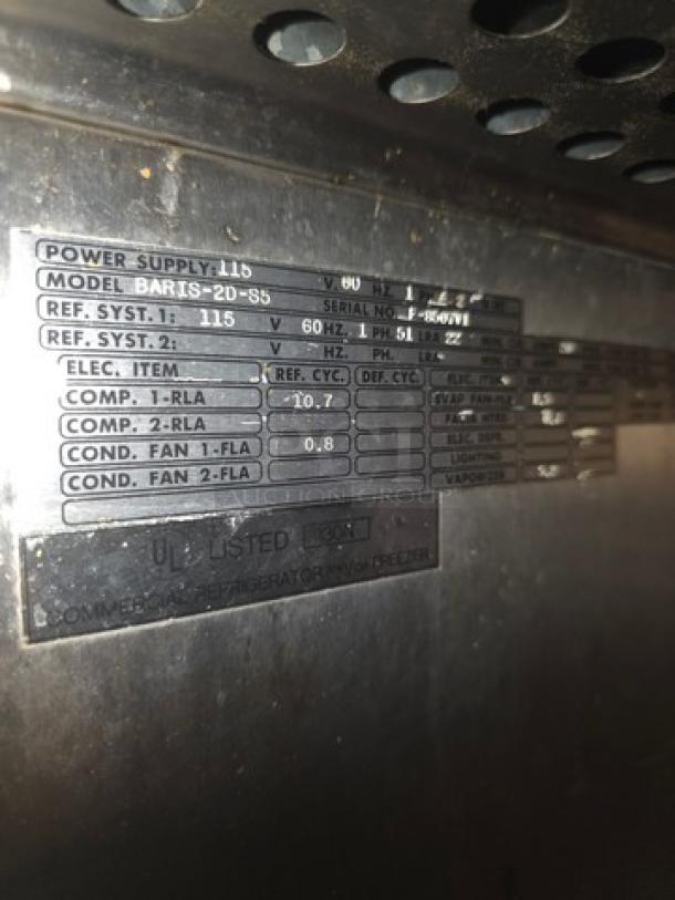 Bakers Aid 2 Door Retarder, Model BARIS-2D-S5. Features a power supply label with specifications and UL listing.