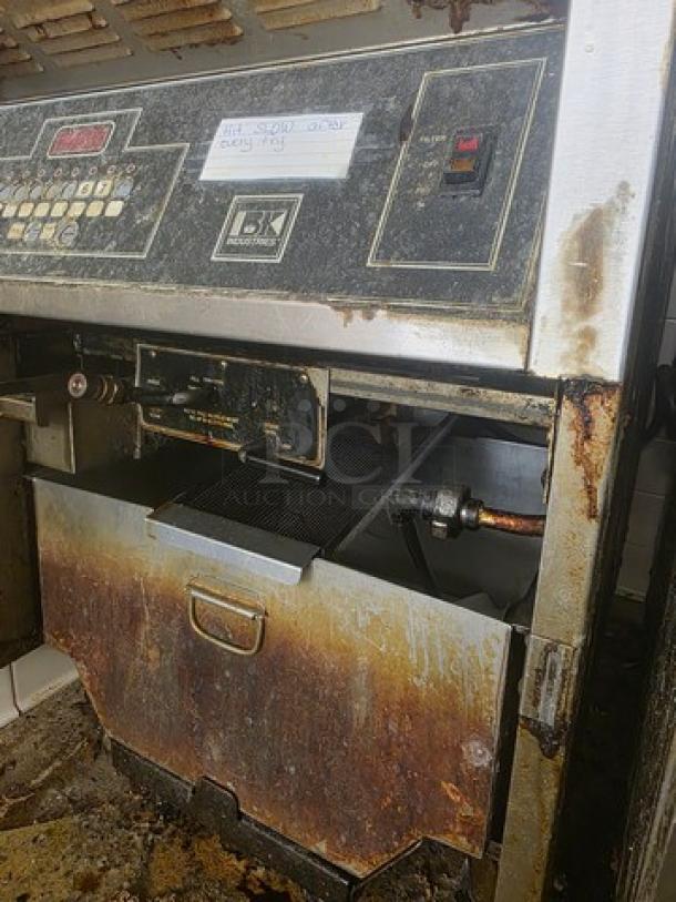 BKI Electric Commercial Deep Fryer, model FKM-FC, showing signs of rust and wear, 48A, 3 PH, 208V, 60 Hz.