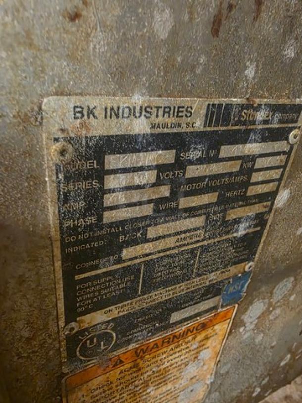 BKI Electric Commercial Deep Fryer Model FKM-FC, showing label with specs: 48A, 3 PH, 208V, 60 Hz, worn exterior.