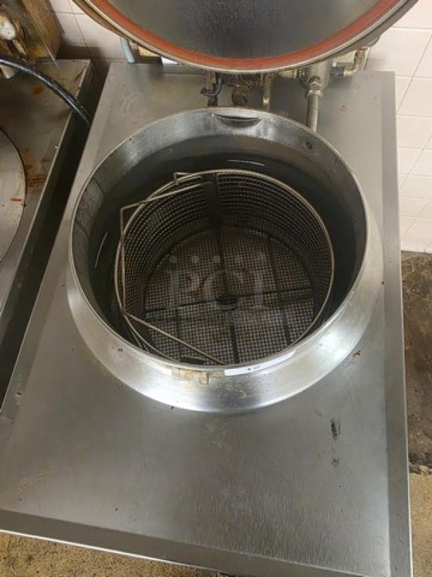 BKI FKM-FC electric deep fryer, 48A, 3 PH, 208V, 60 Hz, stainless steel, used condition, open lid with inner basket visible.