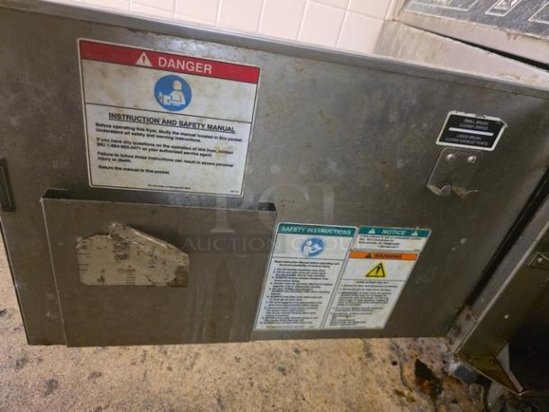 BKI Electric Commercial Deep Fryer, Model FKM-FC. Features safety and instruction labels. 48A, 3 PH, 208V, 60 Hz. Used condition.