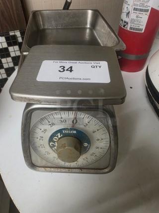 Taylor TS32 32 oz. Mechanical Portion Control Scale, stainless steel, dial display, shows some wear, commercial use.