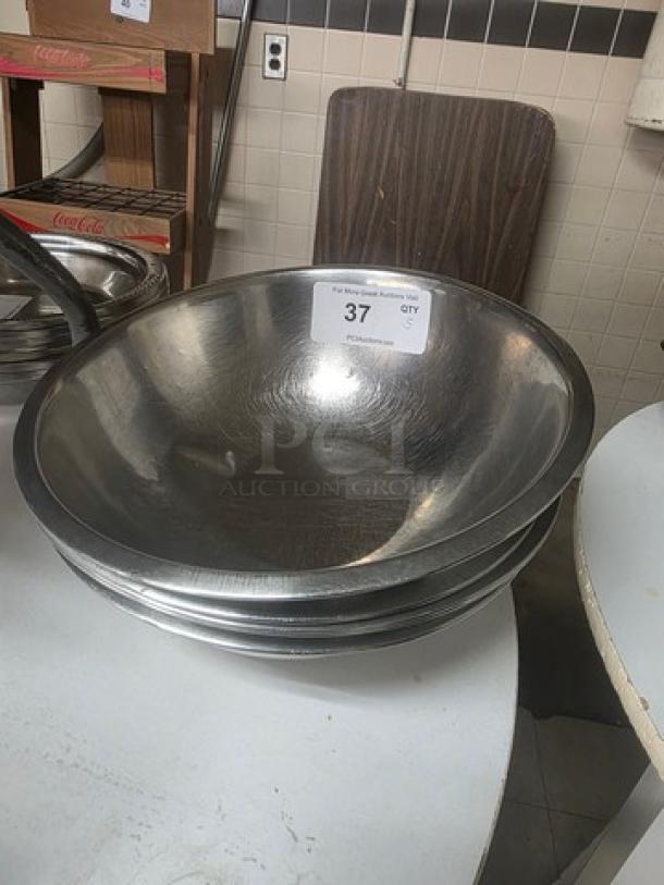 Lot of 5 miscellaneous stainless steel bowls, gently used, various sizes; auction tag labeled "37".