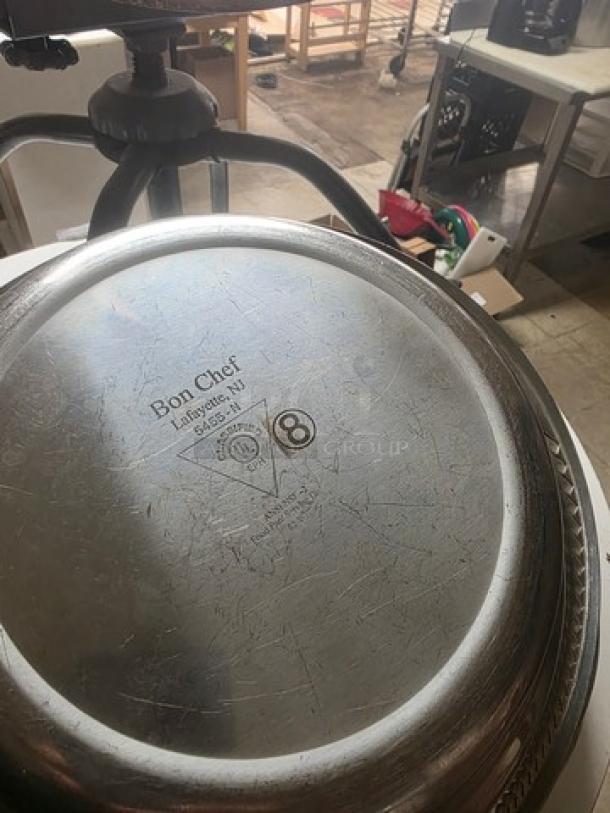 Lot of 8 stainless steel food pans by Bon Chef, Lafayette, NJ. Visible surface scratches, round design, used condition.