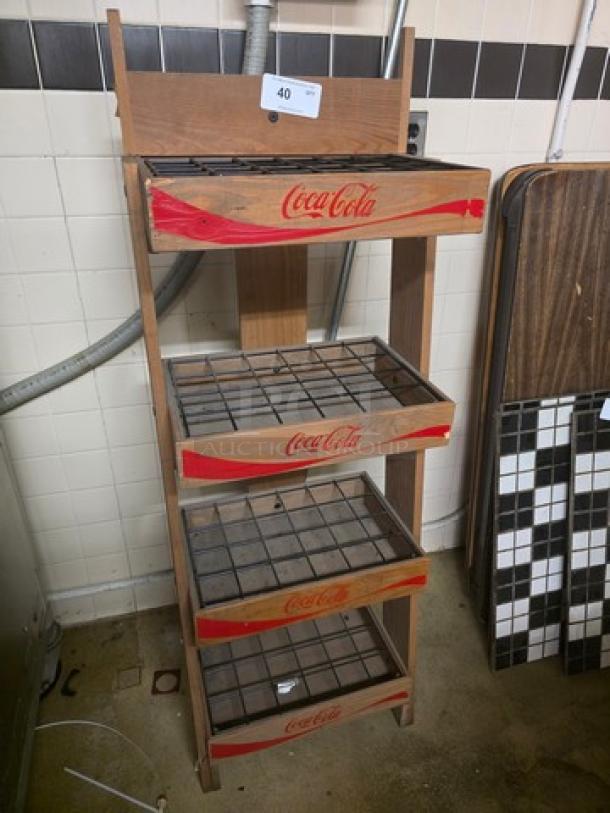 Coca-Cola 4-tier wooden advertising store display stand rack with logo, wire shelves, and vintage design. Fair condition.