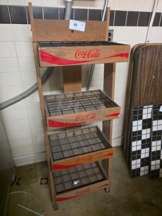 Coca-Cola 4-tier wooden advertising store display stand rack with logo, wire shelves, and vintage design. Fair condition.