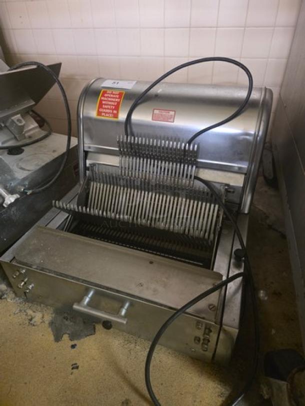 Berkel MB Series countertop bread slicer, 115V, 60Hz, 1PH, stainless steel, visible power cord, good condition.