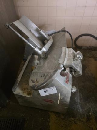 Fleetwood Deli Slicer Model 1412, used condition, 115V, 60Hz, 1PH. Visible wear on blade and body, auction lot tag number 52.
