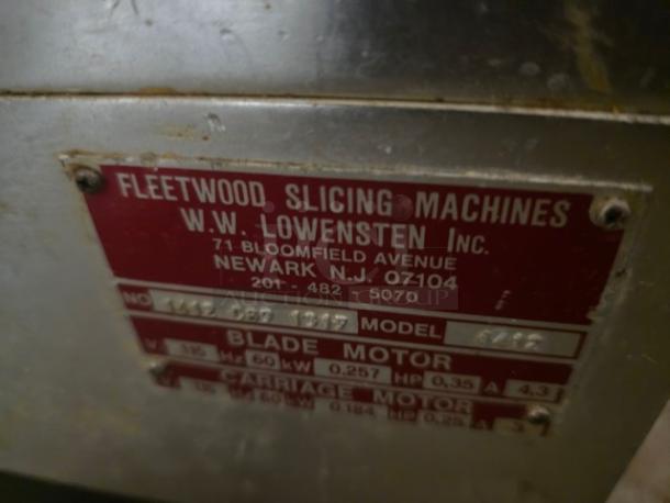 Fleetwood Deli Slicer Model 1412 metal label, showing address and technical specifications.