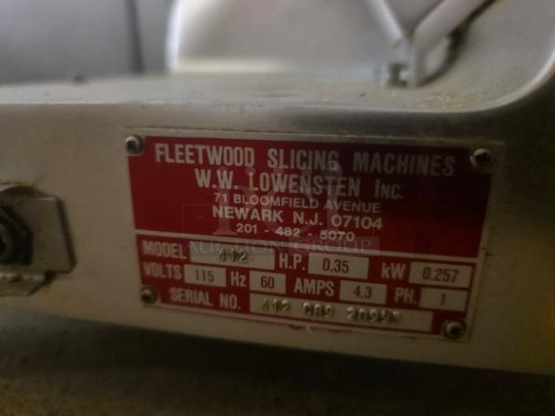 Fleetwood Deli Slicer Model 412, 115V, 60Hz, 1PH, serial no. 412 C89 20995, W.W. Lowensten Inc. markings.