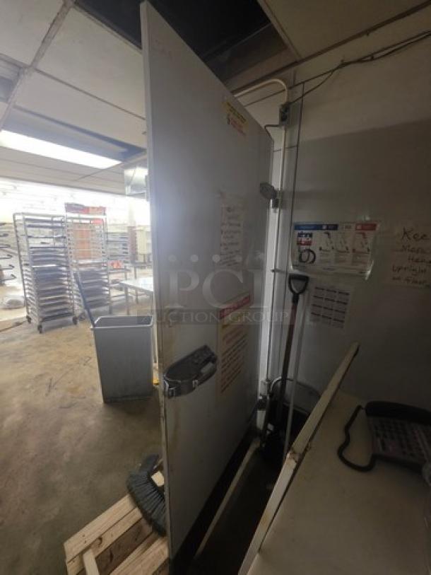 Walk-in cooler door with hardware, white, pre-installed as seen, buyer must remove, stainless steel hardware included.