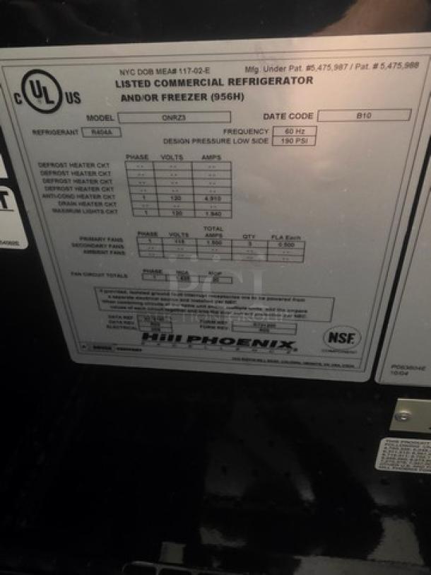 Hill Phoenix ONRZ3 display case label showing model details, capacity, voltage, and certification marks.