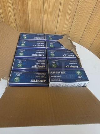 Box of Ambitex V5201 Series XL vinyl gloves, 10 packs of 100, new condition.