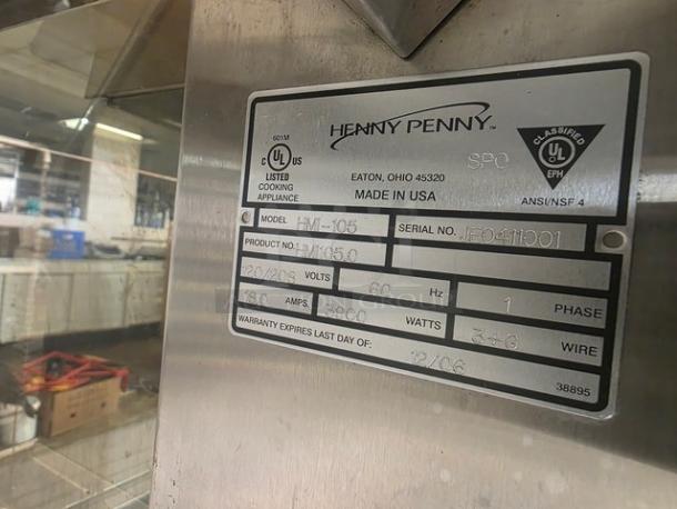 Henny Penny HMI-105 Hot Food Case, 120/208V, 60 Hz, 1 PH. Serial No. JEO411001. Made in USA. UL listed cooking appliance.